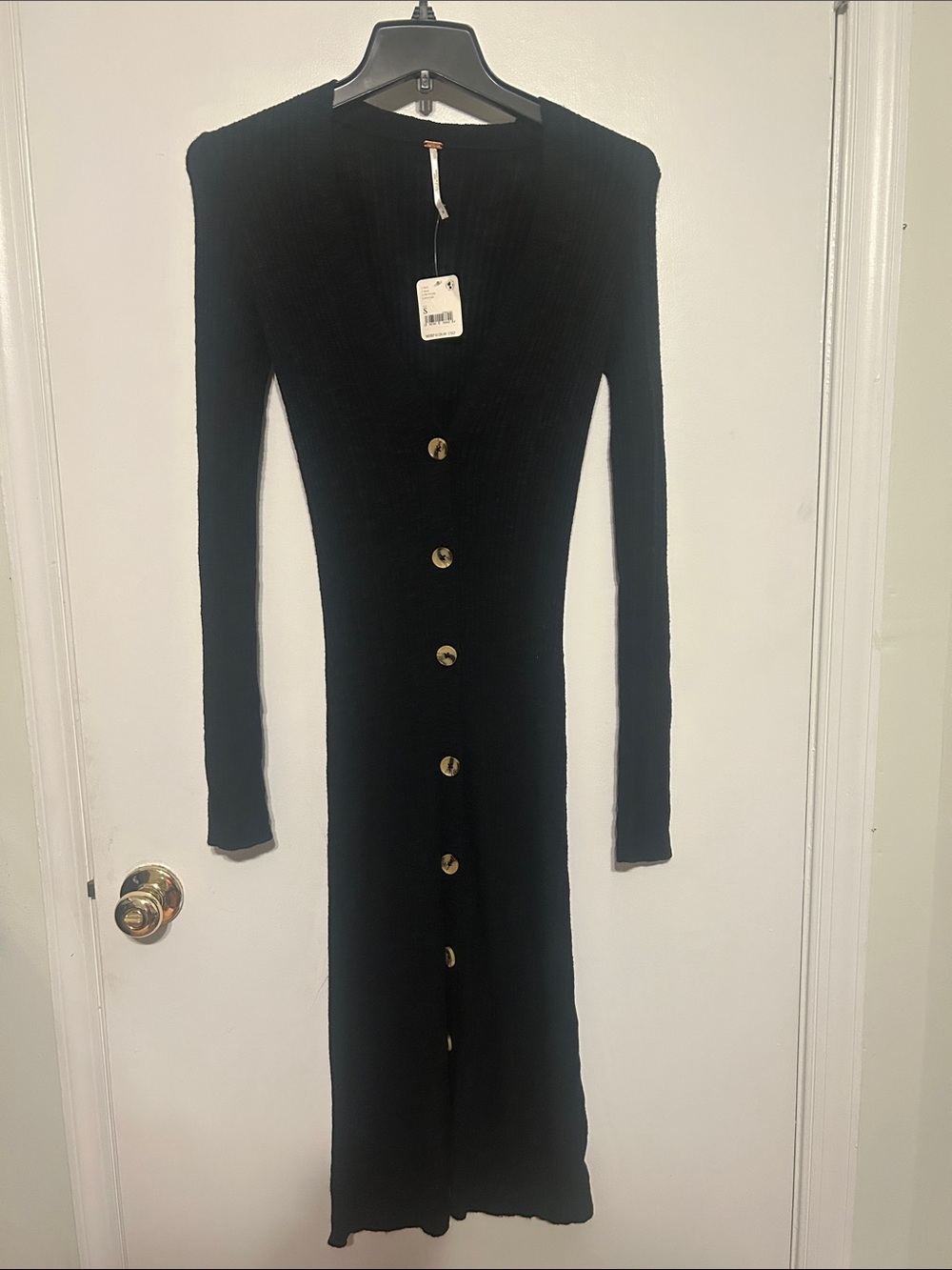 Free People Black Long-Sleeve Ribbed Button-Front Dress